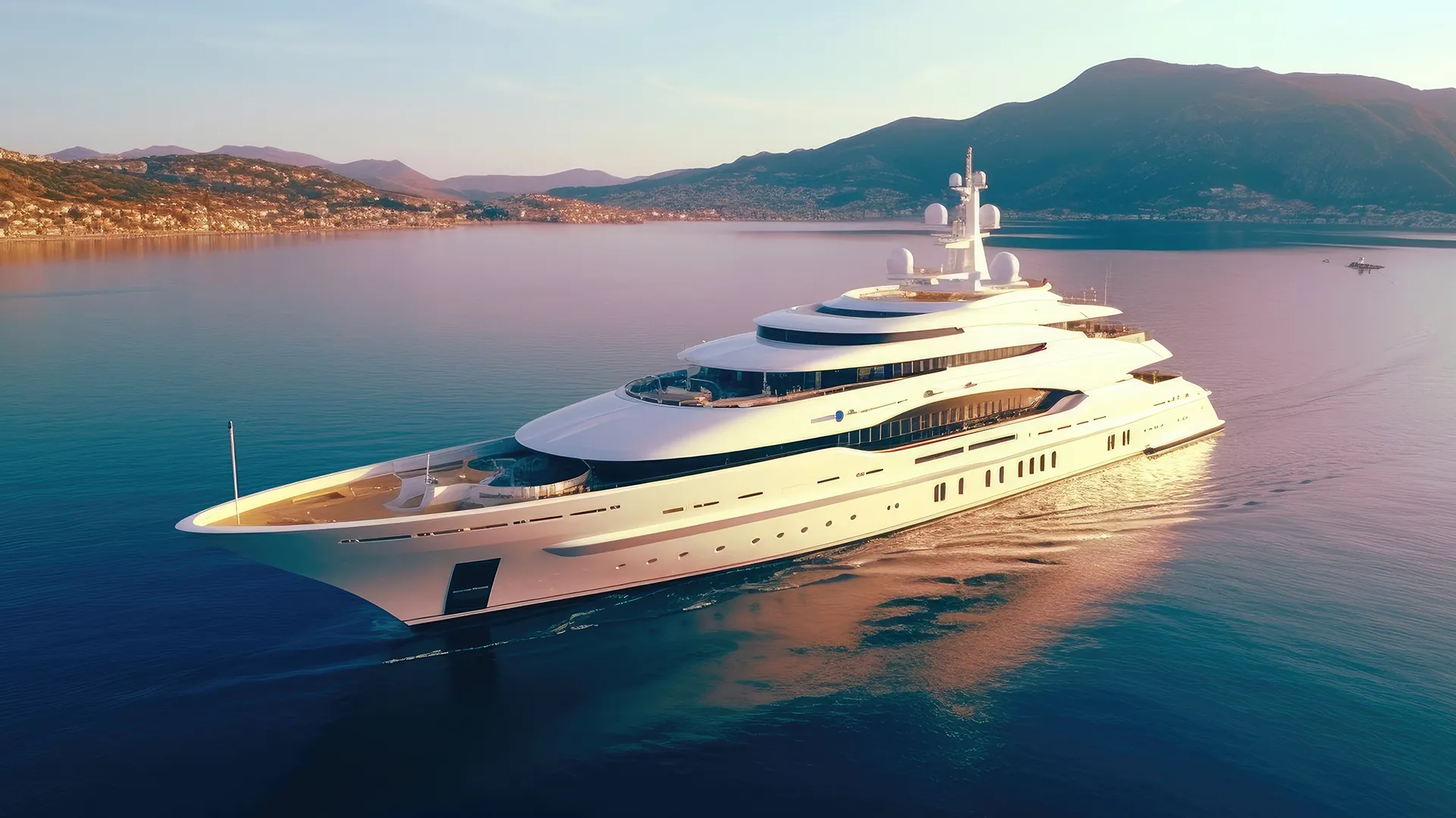 Charter megayacht in the mediterranean early in the morning