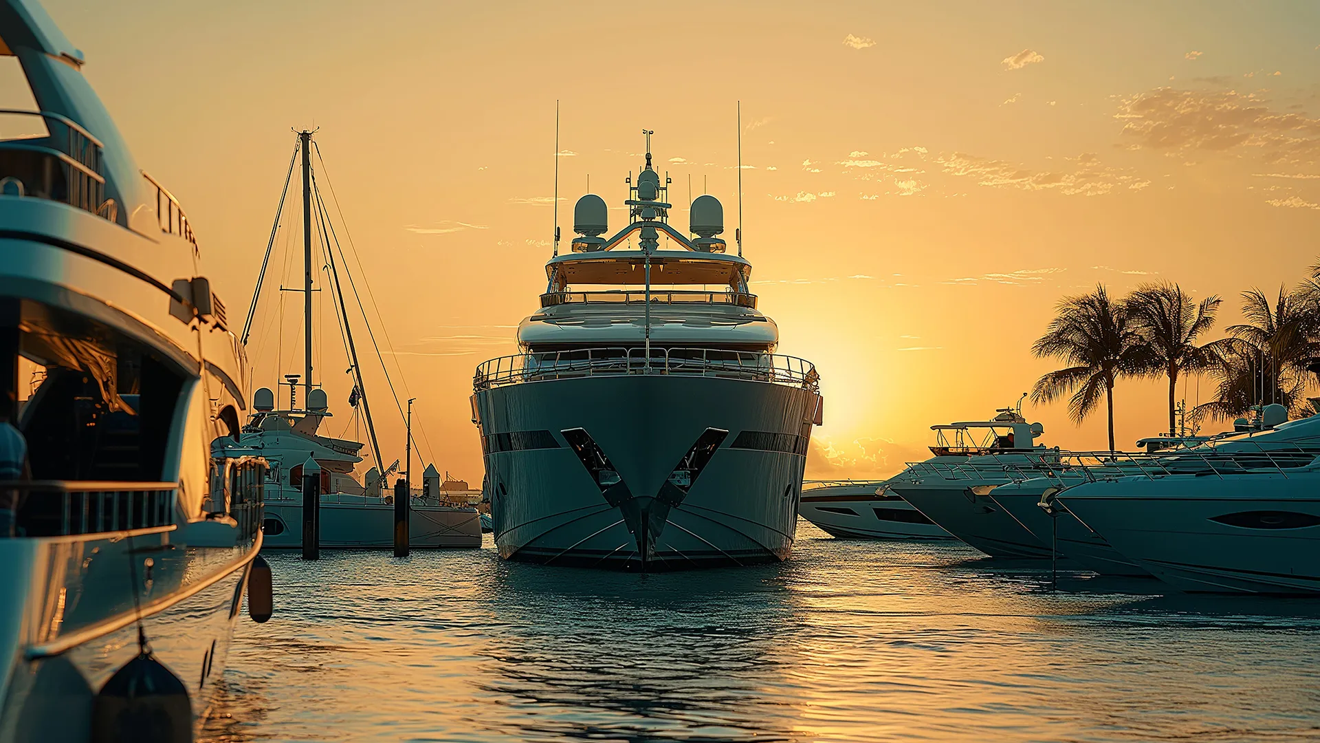 Luxury megayacht in harbour at sunriise