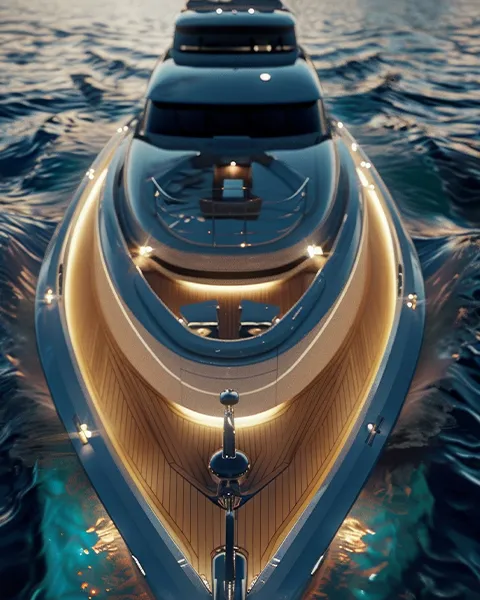 drone view of the bow of a superyacht in the evening